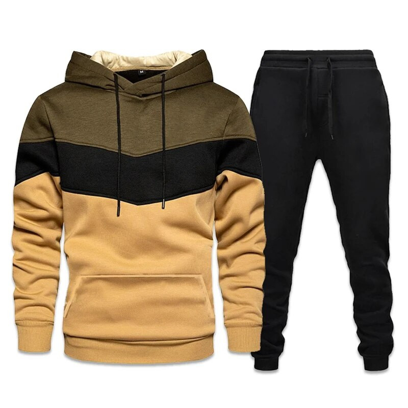 Naujausi vyriški laisvalaikio sportiniai kostiumai, sportiniai kostiumai, vyriški didelio dydžio bėgikų rinkiniai, spalvoti susiuvami gobtuvai + kelnės lauko sportinis kostiumas