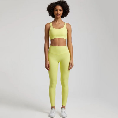 Jedna boja Gym Fitness Yoga Set Legging Back Cross Sport Grudnjak Top 2pc Odijelo Comprehensive Training Jog Ženski izrezana kravata Okrugli ovratnik