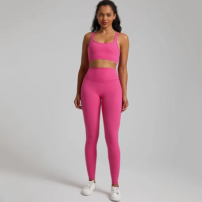 Jedna boja Gym Fitness Yoga Set Legging Back Cross Sport Grudnjak Top 2pc Odijelo Comprehensive Training Jog Ženski izrezana kravata Okrugli ovratnik