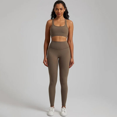 Jedna boja Gym Fitness Yoga Set Legging Back Cross Sport Grudnjak Top 2pc Odijelo Comprehensive Training Jog Ženski izrezana kravata Okrugli ovratnik