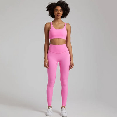Jedna boja Gym Fitness Yoga Set Legging Back Cross Sport Grudnjak Top 2pc Odijelo Comprehensive Training Jog Ženski izrezana kravata Okrugli ovratnik