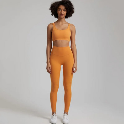 Jedna boja Gym Fitness Yoga Set Legging Back Cross Sport Grudnjak Top 2pc Odijelo Comprehensive Training Jog Ženski izrezana kravata Okrugli ovratnik