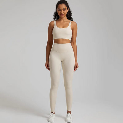 Jedna boja Gym Fitness Yoga Set Legging Back Cross Sport Grudnjak Top 2pc Odijelo Comprehensive Training Jog Ženski izrezana kravata Okrugli ovratnik