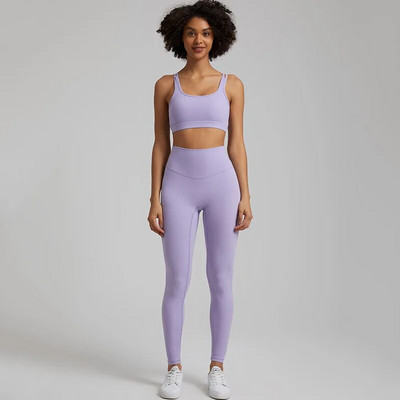 Jedna boja Gym Fitness Yoga Set Legging Back Cross Sport Grudnjak Top 2pc Odijelo Comprehensive Training Jog Ženski izrezana kravata Okrugli ovratnik