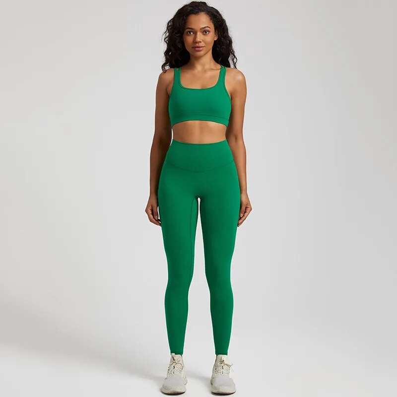 Jedna boja Gym Fitness Yoga Set Legging Back Cross Sport Grudnjak Top 2pc Odijelo Comprehensive Training Jog Ženski izrezana kravata Okrugli ovratnik