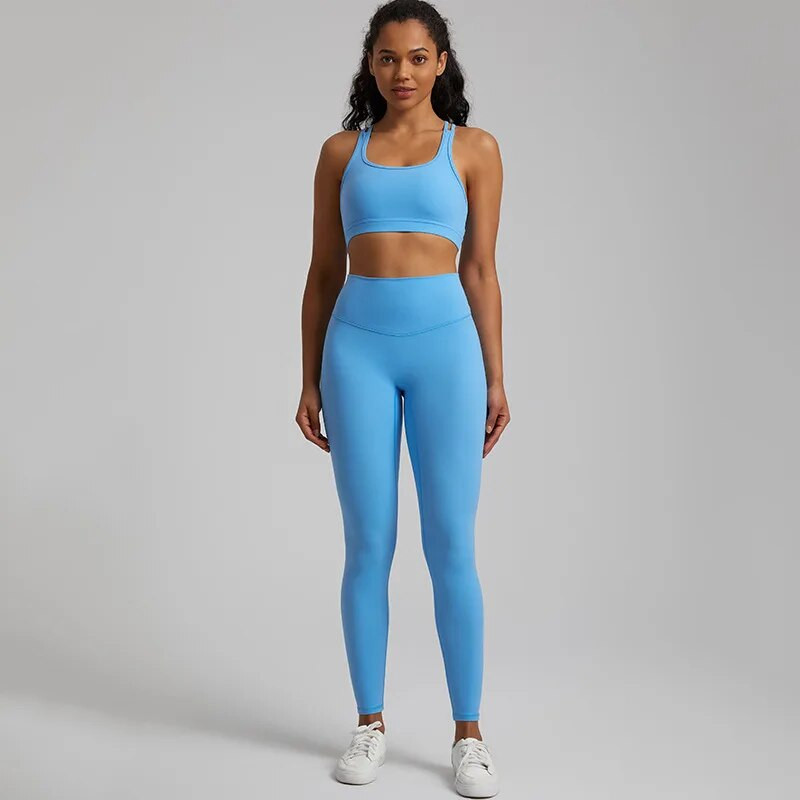 Jedna boja Gym Fitness Yoga Set Legging Back Cross Sport Grudnjak Top 2pc Odijelo Comprehensive Training Jog Ženski izrezana kravata Okrugli ovratnik