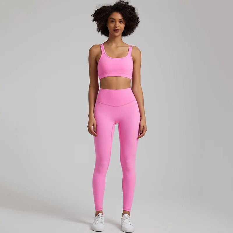 Jedna boja Gym Fitness Yoga Set Legging Back Cross Sport Grudnjak Top 2pc Odijelo Comprehensive Training Jog Ženski izrezana kravata Okrugli ovratnik