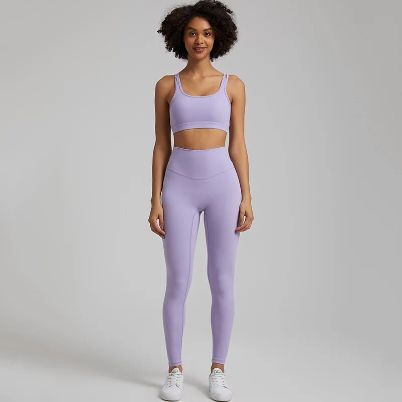 Jedna boja Gym Fitness Yoga Set Legging Back Cross Sport Grudnjak Top 2pc Odijelo Comprehensive Training Jog Ženski izrezana kravata Okrugli ovratnik