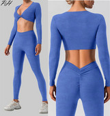 Set de sport cu mâneci lungi pentru yoga, pentru femei, pentru sală de gimnastică, cu push-up, cămașă de yoga sexy, costum de jambiere, pentru alergare în aer liber, haine de fitness nude cu uscare rapidă