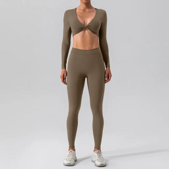 Спортен комплект за йога с дълги ръкави Дамски Push Up секси тениска за йога Костюм за бягане на открито Голи Бързосъхнещи дрехи за фитнес