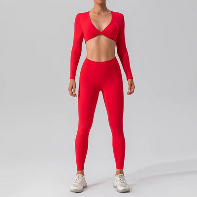 Set de sport cu mâneci lungi pentru yoga, pentru femei, pentru sală de gimnastică, cu push-up, cămașă de yoga sexy, costum de jambiere, pentru alergare în aer liber, haine de fitness nude cu uscare rapidă