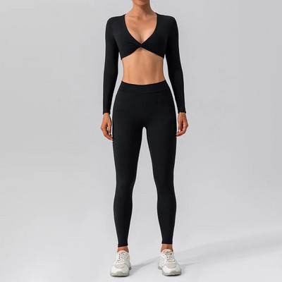 Set de sport cu mâneci lungi pentru yoga, pentru femei, pentru sală de gimnastică, cu push-up, cămașă de yoga sexy, costum de jambiere, pentru alergare în aer liber, haine de fitness nude cu uscare rapidă