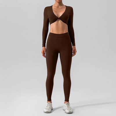 Set de sport cu mâneci lungi pentru yoga, pentru femei, pentru sală de gimnastică, cu push-up, cămașă de yoga sexy, costum de jambiere, pentru alergare în aer liber, haine de fitness nude cu uscare rapidă
