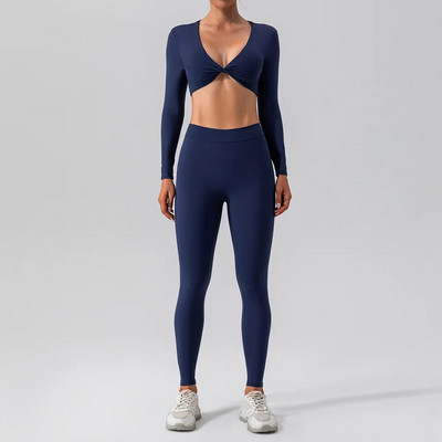 Set de sport cu mâneci lungi pentru yoga, pentru femei, pentru sală de gimnastică, cu push-up, cămașă de yoga sexy, costum de jambiere, pentru alergare în aer liber, haine de fitness nude cu uscare rapidă