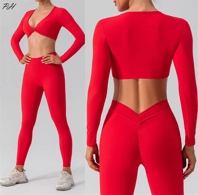 Set de sport cu mâneci lungi pentru yoga, pentru femei, pentru sală de gimnastică, cu push-up, cămașă de yoga sexy, costum de jambiere, pentru alergare în aer liber, haine de fitness nude cu uscare rapidă