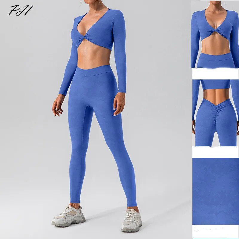 Set de sport cu mâneci lungi pentru yoga, pentru femei, pentru sală de gimnastică, cu push-up, cămașă de yoga sexy, costum de jambiere, pentru alergare în aer liber, haine de fitness nude cu uscare rapidă
