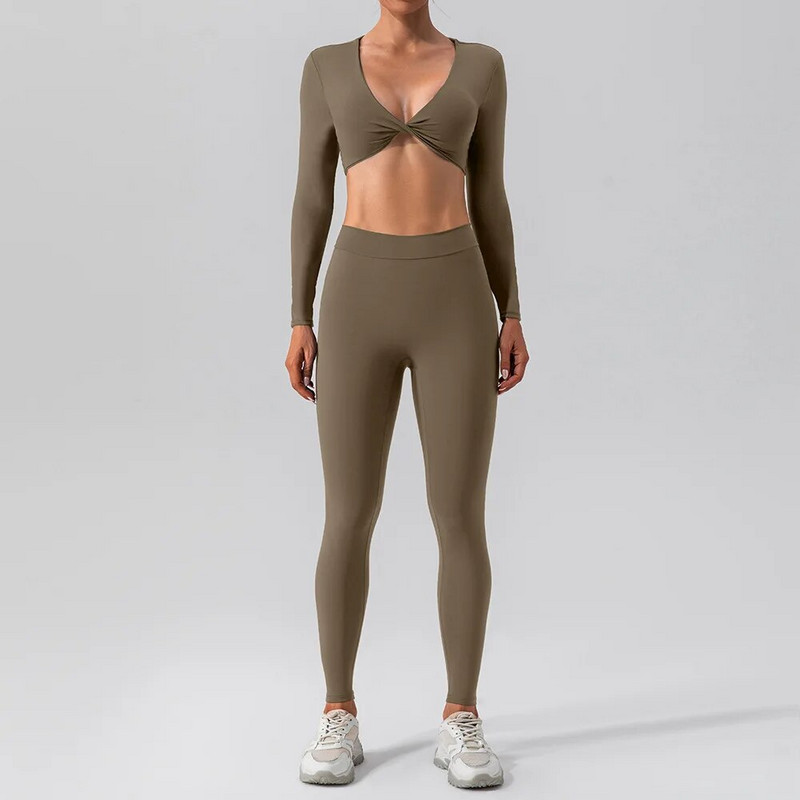 Set de sport cu mâneci lungi pentru yoga, pentru femei, pentru sală de gimnastică, cu push-up, cămașă de yoga sexy, costum de jambiere, pentru alergare în aer liber, haine de fitness nude cu uscare rapidă