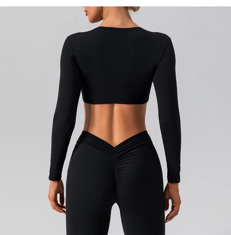 Set de sport cu mâneci lungi pentru yoga, pentru femei, pentru sală de gimnastică, cu push-up, cămașă de yoga sexy, costum de jambiere, pentru alergare în aer liber, haine de fitness nude cu uscare rapidă