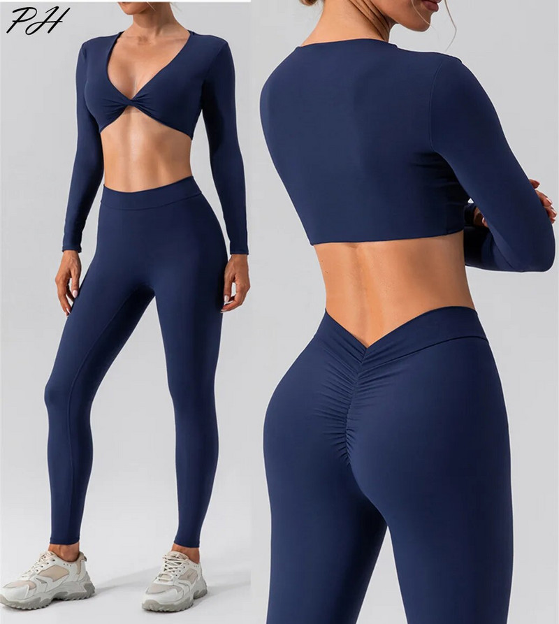 Set de sport cu mâneci lungi pentru yoga, pentru femei, pentru sală de gimnastică, cu push-up, cămașă de yoga sexy, costum de jambiere, pentru alergare în aer liber, haine de fitness nude cu uscare rapidă