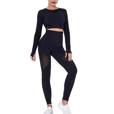 Hollow Out Χωρίς ραφή Σετ Γιόγκα Αθλητικά ρούχα Γυναικεία Μαύρα Δύο 2 τεμαχίων Crop Top Σουτιέν Κολάν προπόνησης Γυμναστική στολή γυμναστικής Αθλητικά σετ