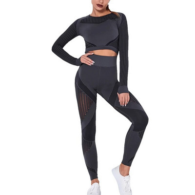 Hollow Out Χωρίς ραφή Σετ Γιόγκα Αθλητικά ρούχα Γυναικεία Μαύρα Δύο 2 τεμαχίων Crop Top Σουτιέν Κολάν προπόνησης Γυμναστική στολή γυμναστικής Αθλητικά σετ