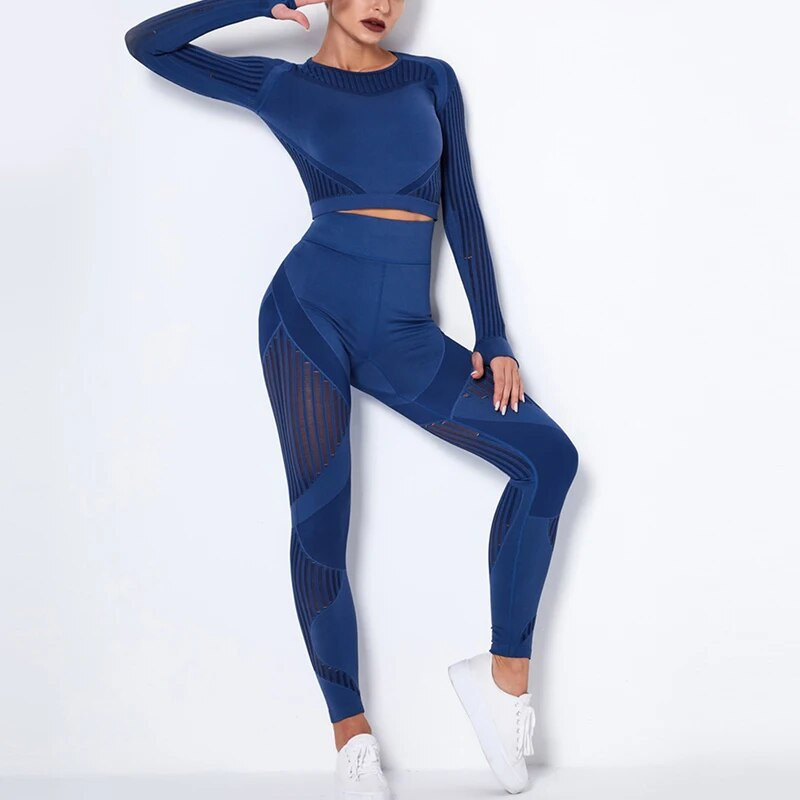 Hollow Out Χωρίς ραφή Σετ Γιόγκα Αθλητικά ρούχα Γυναικεία Μαύρα Δύο 2 τεμαχίων Crop Top Σουτιέν Κολάν προπόνησης Γυμναστική στολή γυμναστικής Αθλητικά σετ