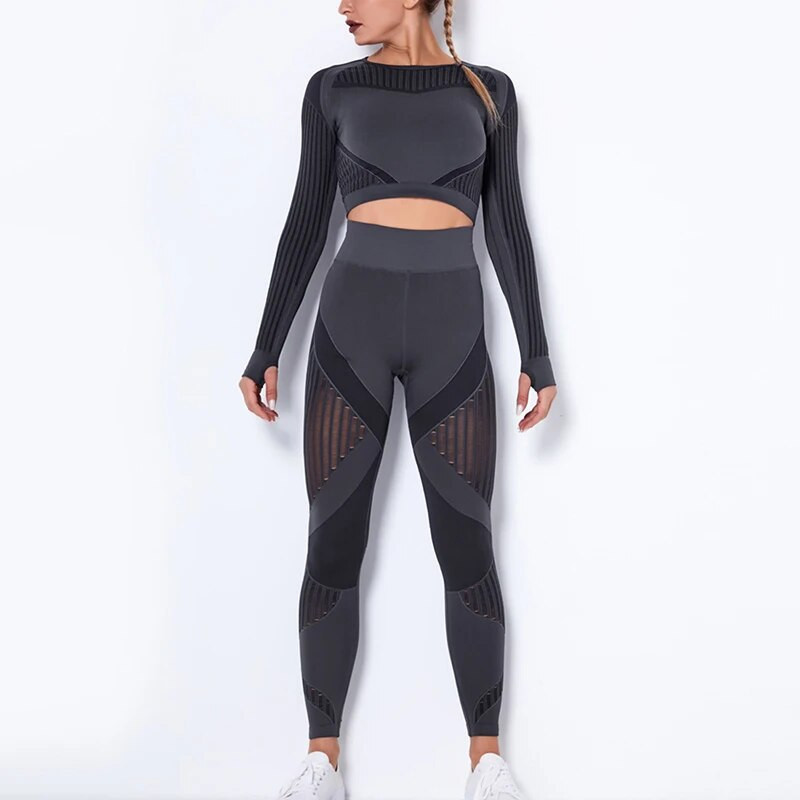 Hollow Out Χωρίς ραφή Σετ Γιόγκα Αθλητικά ρούχα Γυναικεία Μαύρα Δύο 2 τεμαχίων Crop Top Σουτιέν Κολάν προπόνησης Γυμναστική στολή γυμναστικής Αθλητικά σετ