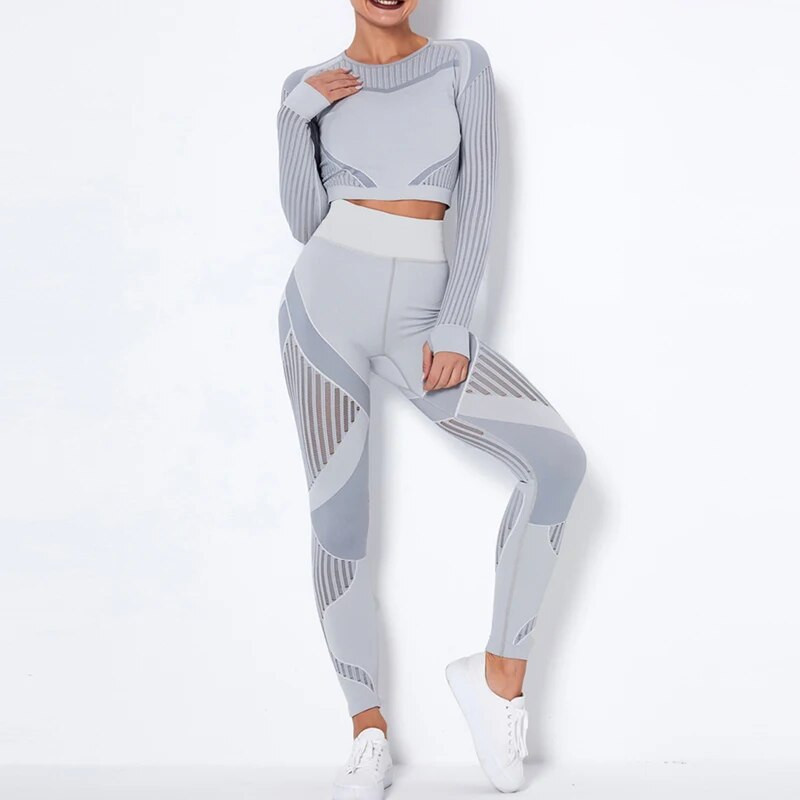 Hollow Out Χωρίς ραφή Σετ Γιόγκα Αθλητικά ρούχα Γυναικεία Μαύρα Δύο 2 τεμαχίων Crop Top Σουτιέν Κολάν προπόνησης Γυμναστική στολή γυμναστικής Αθλητικά σετ