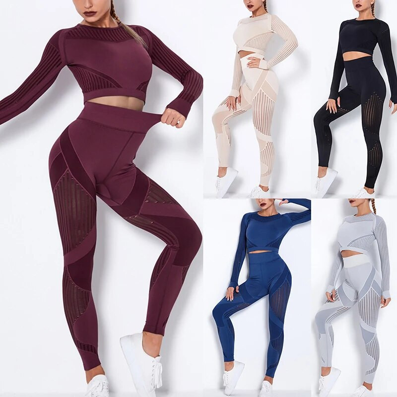 Hollow Out Χωρίς ραφή Σετ Γιόγκα Αθλητικά ρούχα Γυναικεία Μαύρα Δύο 2 τεμαχίων Crop Top Σουτιέν Κολάν προπόνησης Γυμναστική στολή γυμναστικής Αθλητικά σετ