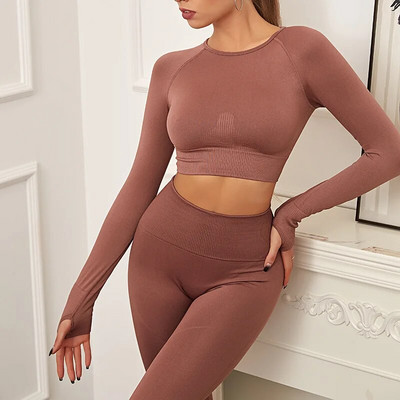 Jógaruha, kétrészes szett női csúcskategóriás jóga hosszú ujjú felsők Leggings tornatermi ruhák női szettek Olcsó fitnesz tornaterem sport szett