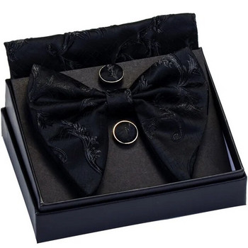 GUSLESON Διακοσμητικό σχέδιο Μεγάλο παπιγιόν Λευκό μαύρο παπιγιόν Τσέπη τετράγωνα μανικετόκουμπα σετ με κουτί δώρου Γραβάτα γάμου για άντρα