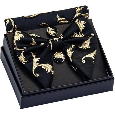 GUSLESON Διακοσμητικό σχέδιο Μεγάλο παπιγιόν Λευκό μαύρο παπιγιόν Τσέπη τετράγωνα μανικετόκουμπα σετ με κουτί δώρου Γραβάτα γάμου για άντρα