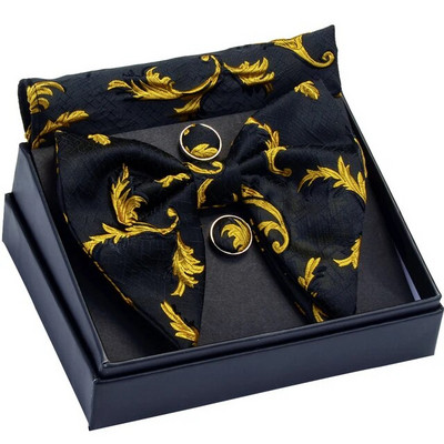 GUSLESON Διακοσμητικό σχέδιο Μεγάλο παπιγιόν Λευκό μαύρο παπιγιόν Τσέπη τετράγωνα μανικετόκουμπα σετ με κουτί δώρου Γραβάτα γάμου για άντρα