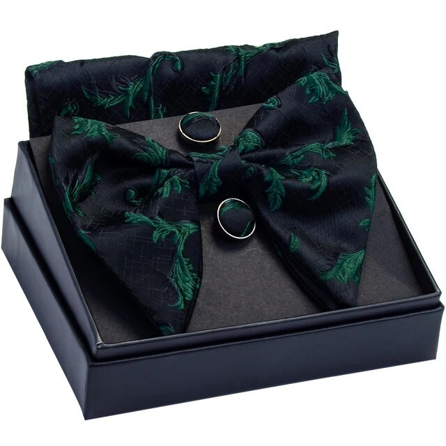 GUSLESON Διακοσμητικό σχέδιο Μεγάλο παπιγιόν Λευκό μαύρο παπιγιόν Τσέπη τετράγωνα μανικετόκουμπα σετ με κουτί δώρου Γραβάτα γάμου για άντρα