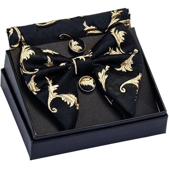 GUSLESON Διακοσμητικό σχέδιο Μεγάλο παπιγιόν Λευκό μαύρο παπιγιόν Τσέπη τετράγωνα μανικετόκουμπα σετ με κουτί δώρου Γραβάτα γάμου για άντρα