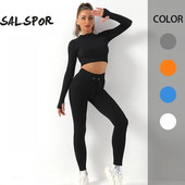 SALAPOR Set de yoga fără cusături, cu șnur de ridicare a șoldului, jambiere de gimnastică, cu fermoar, crop top, sexy, cu mânecă lungă, talie înaltă, costum sport, solid
