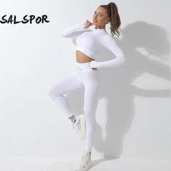 SALAPOR Безшевен комплект за йога с шнурове Hip Lift Gym Leggings Zipper Crop Top Секси спортен костюм с дълъг ръкав и висока талия, плътен