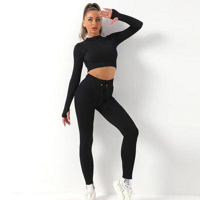 SALAPOR Set de yoga fără cusături, cu șnur de ridicare a șoldului, jambiere de gimnastică, cu fermoar, crop top, sexy, cu mânecă lungă, talie înaltă, costum sport, solid