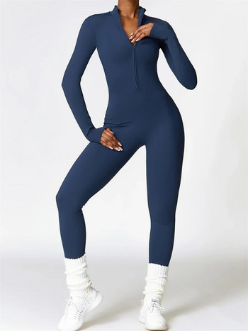 Есенен плюшен костюм за йога от една част Дамски спортен гащеризон с дълъг ръкав и цип Фитнес тренировка Топъл комплект бодита за бягане