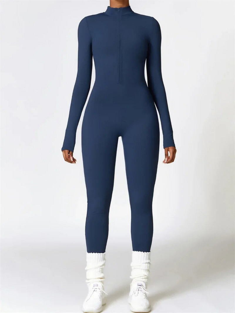 Rudens pliušinis vientisas jogos kostiumas moterims ilgomis rankovėmis su užtrauktuku Fitness Sportinis kombinezonas Sporto salės treniruotėms šiltas bėgimo šliaužtinuko komplektas