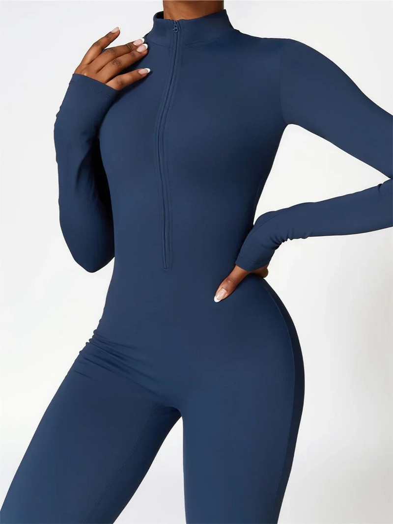 Rudens pliušinis vientisas jogos kostiumas moterims ilgomis rankovėmis su užtrauktuku Fitness Sportinis kombinezonas Sporto salės treniruotėms šiltas bėgimo šliaužtinuko komplektas