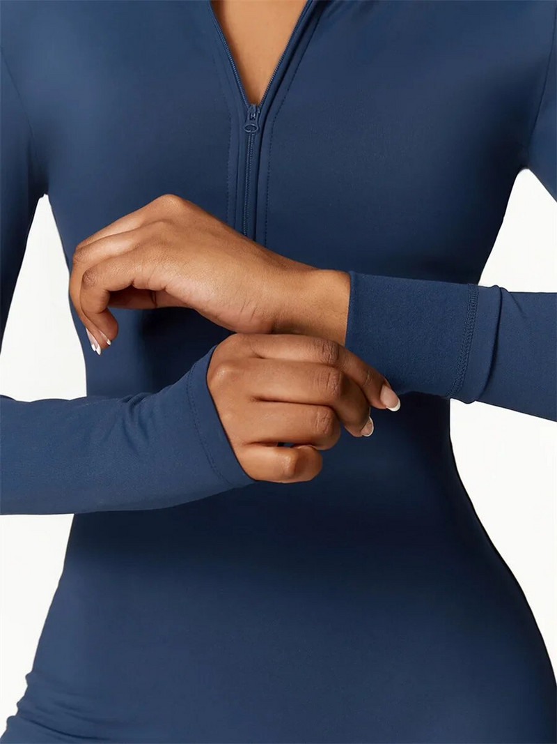 Rudens pliušinis vientisas jogos kostiumas moterims ilgomis rankovėmis su užtrauktuku Fitness Sportinis kombinezonas Sporto salės treniruotėms šiltas bėgimo šliaužtinuko komplektas