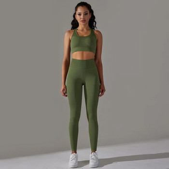 Σετ γυμναστικής Γυναικεία Push Up Αθλητική στολή για Γυναίκα Κοστούμι γιόγκα χωρίς ραφή για γυμναστική Ρούχα γυμναστικής Γυναικεία Αθλητικά ρούχα Μπεζ Πράσινο XS