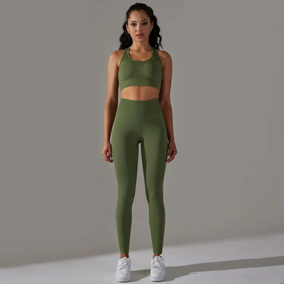 Set de gimnastica Femei Tinuta sport Push Up pentru femeie Costum de yoga fara cusaturi pentru fitness Haine de antrenament pentru femei Imbracaminte sport Bej Verde XS
