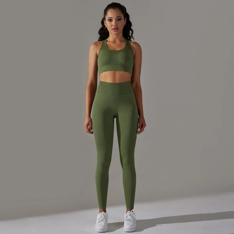 Set de gimnastica Femei Tinuta sport Push Up pentru femeie Costum de yoga fara cusaturi pentru fitness Haine de antrenament pentru femei Imbracaminte sport Bej Verde XS