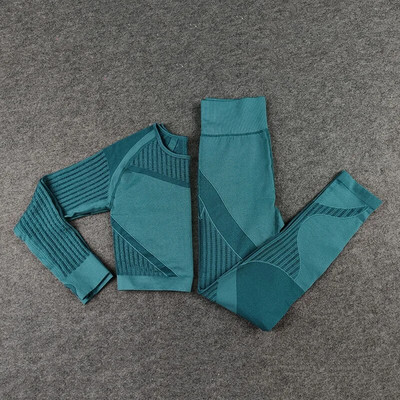 Női zökkenőmentes jóga szett tornatermi fitnesz leggings, kivágott ingek Sport öltöny Női hosszú ujjú tréningruha edzőtermi fitnesz szettek