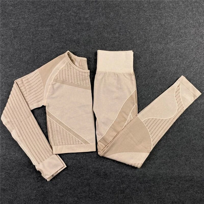 Női zökkenőmentes jóga szett tornatermi fitnesz leggings, kivágott ingek Sport öltöny Női hosszú ujjú tréningruha edzőtermi fitnesz szettek