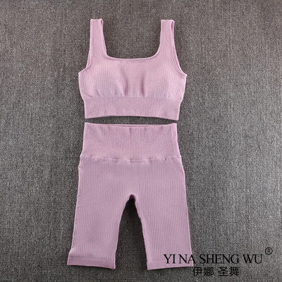 Set de yoga fără cusături Haine de antrenament pentru femei Set de gimnastică cu nervuri Costum sport 2 piese Sutiene sport pentru femei Pantaloni scurți de yoga Îmbrăcăminte de gimnastică pentru femei