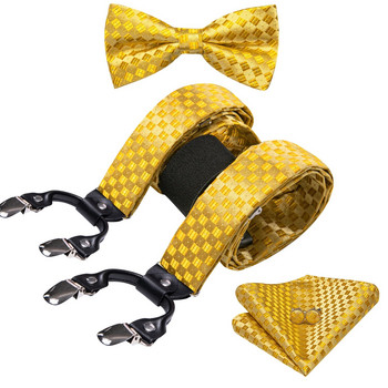 Златни карирани тиранти и папийонка за мъже Модни копринени Y-образни 6 щипки за панталони Парти Сватба Бизнес дизайнер Barry.Wang 2054