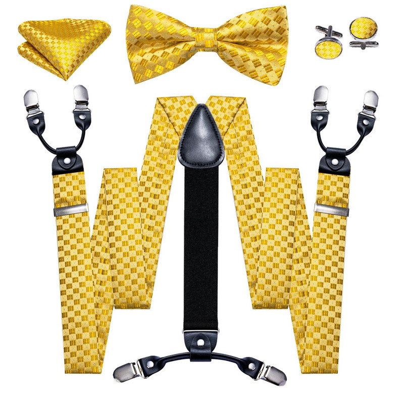 Bretele și papion din carouri aurii pentru bărbați, modă, mătase, în formă de Y, 6 agrafe pentru pantaloni, petrecere, nuntă, designer de afaceri Barry.Wang 2054